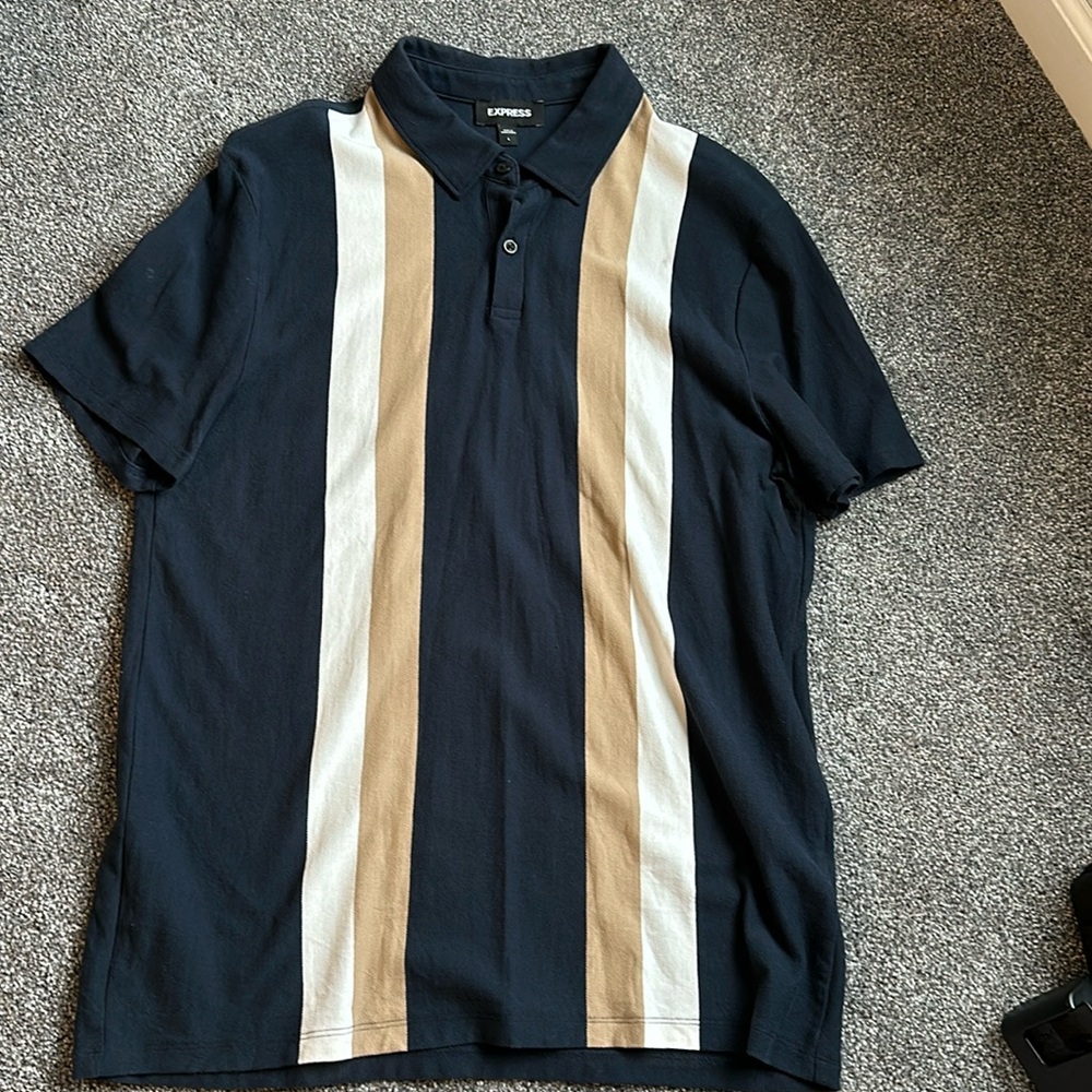 Express Men's Polo in Navy with White and Tan Stripes